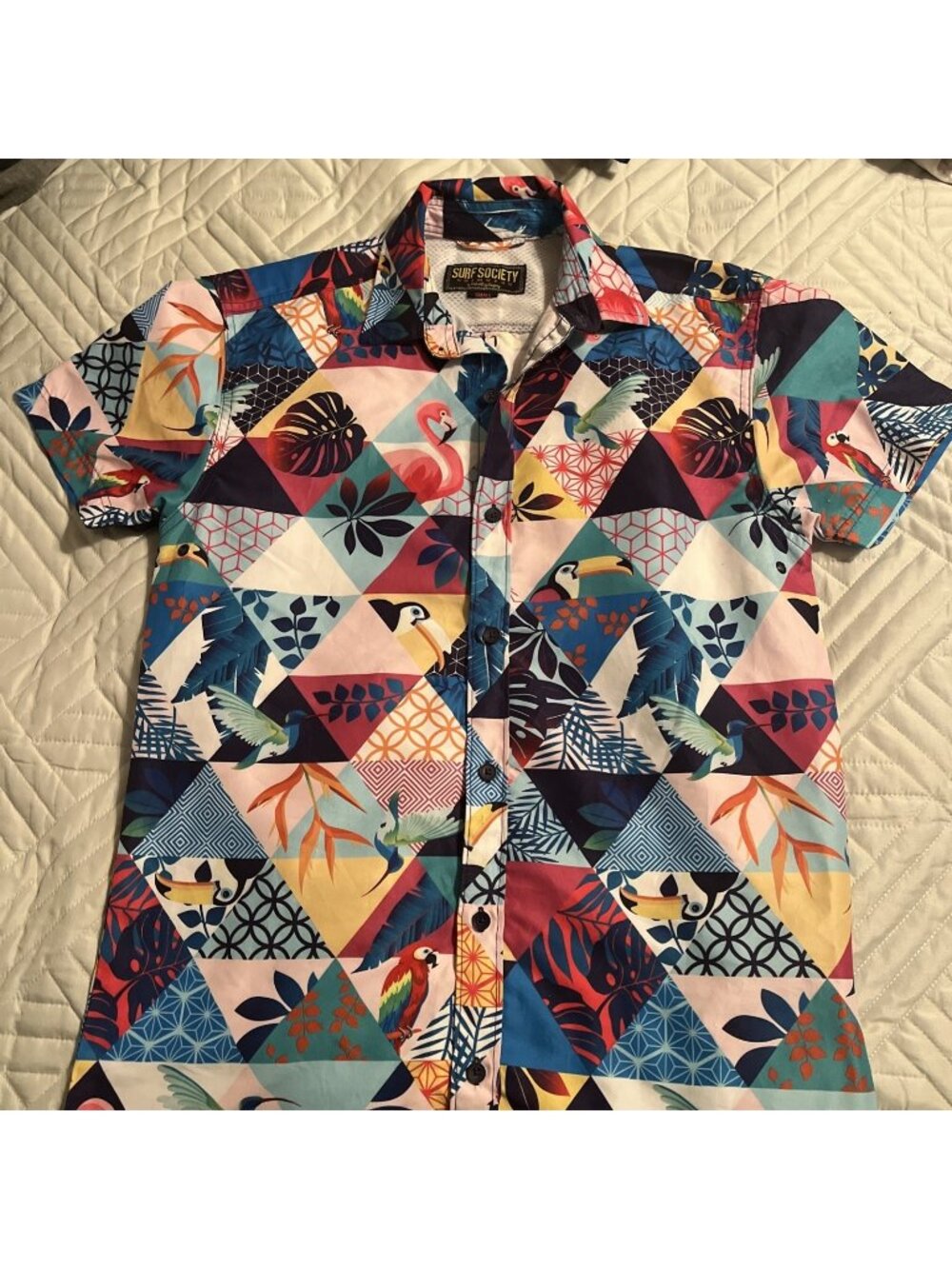 Surf Society Small Men’s Button Down Hawaiian Floral Bird Colorful